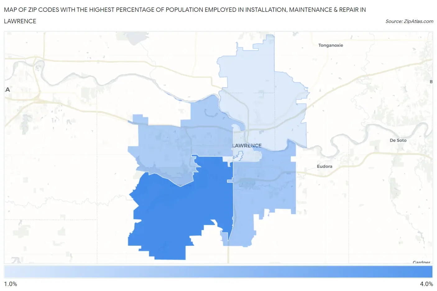 Zip Codes with the Highest Percentage of Population Employed in Installation, Maintenance & Repair in Lawrence Map