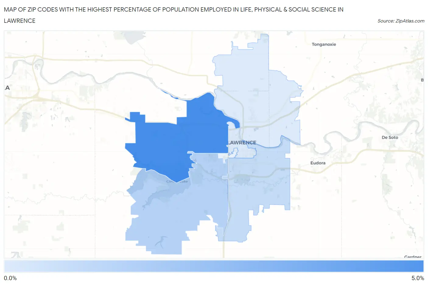 Zip Codes with the Highest Percentage of Population Employed in Life, Physical & Social Science in Lawrence Map