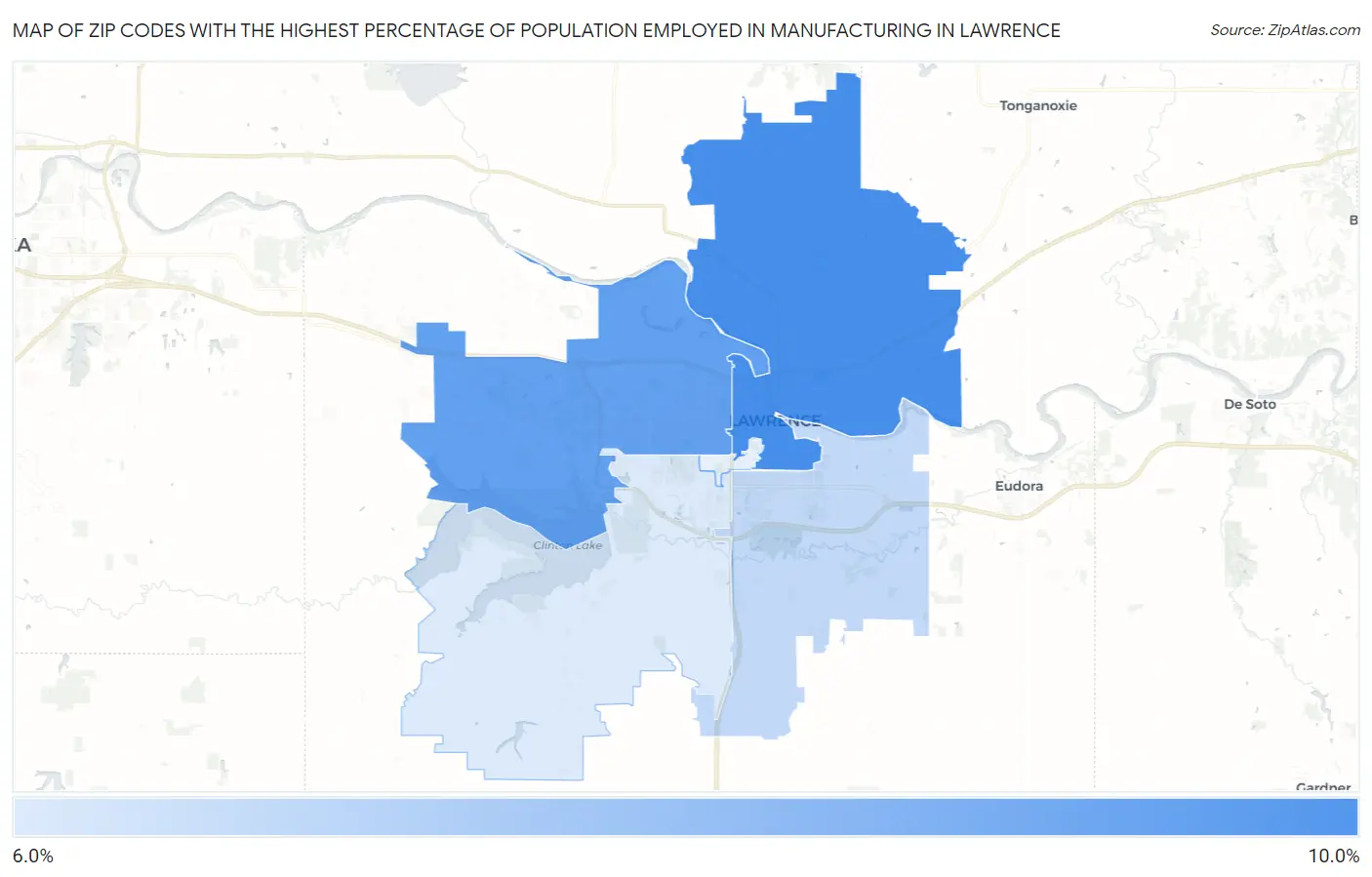 Zip Codes with the Highest Percentage of Population Employed in Manufacturing in Lawrence Map