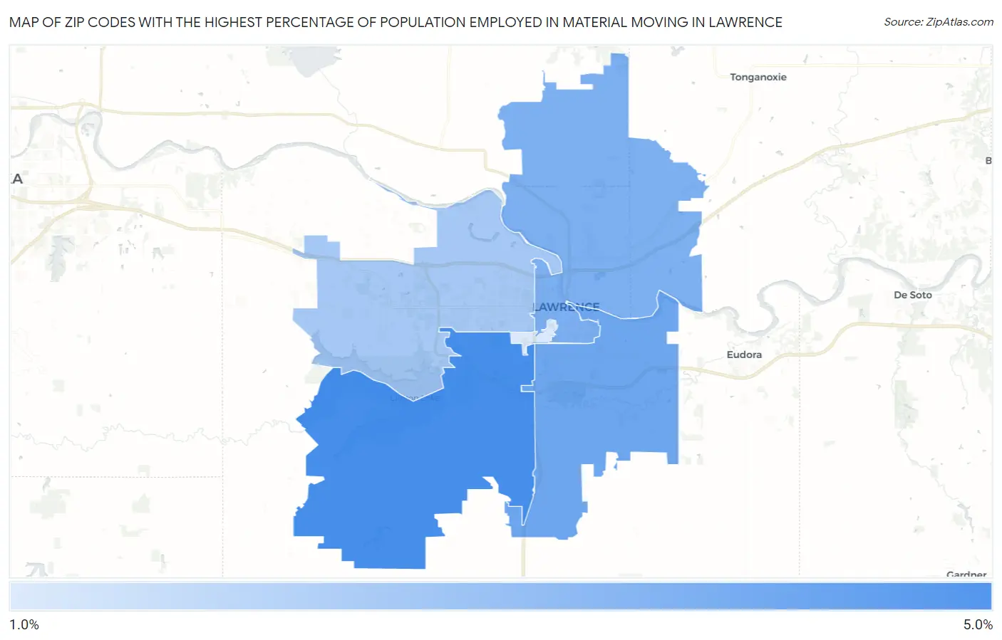 Zip Codes with the Highest Percentage of Population Employed in Material Moving in Lawrence Map