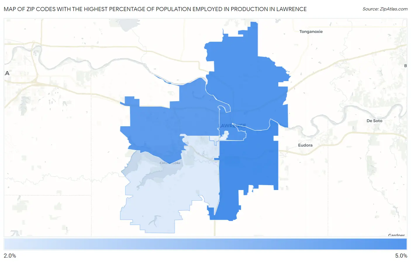 Zip Codes with the Highest Percentage of Population Employed in Production in Lawrence Map