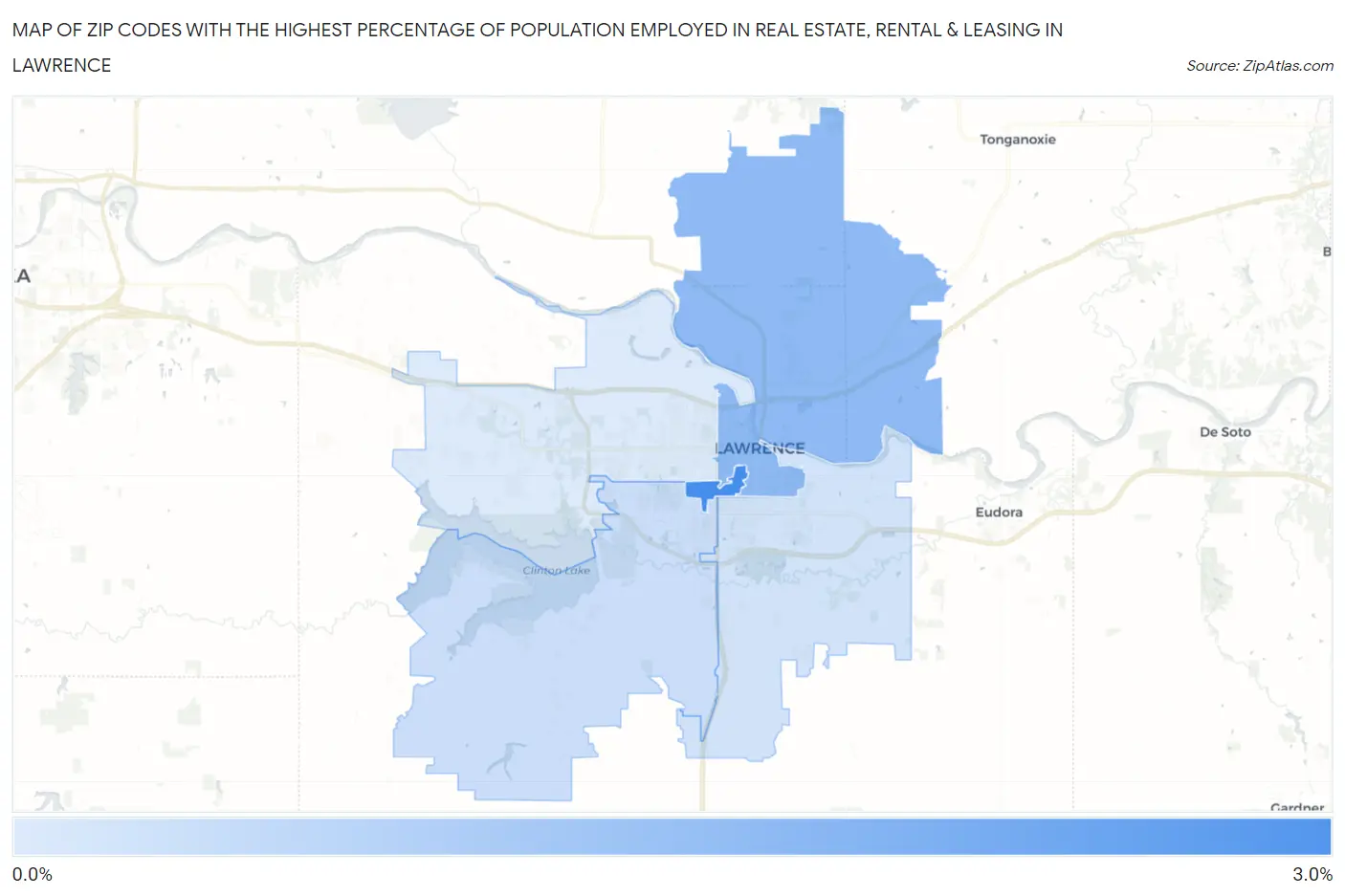 Zip Codes with the Highest Percentage of Population Employed in Real Estate, Rental & Leasing in Lawrence Map