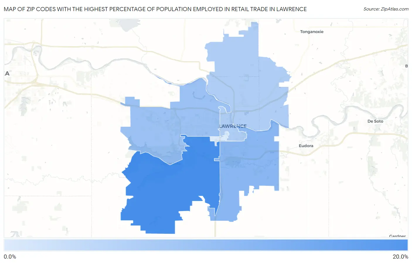 Zip Codes with the Highest Percentage of Population Employed in Retail Trade in Lawrence Map