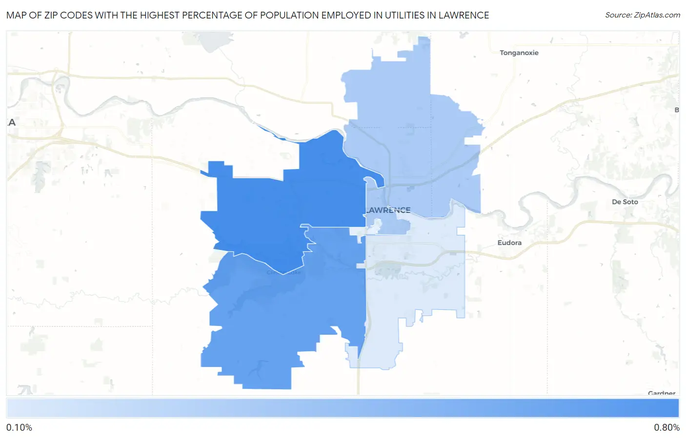 Zip Codes with the Highest Percentage of Population Employed in Utilities in Lawrence Map