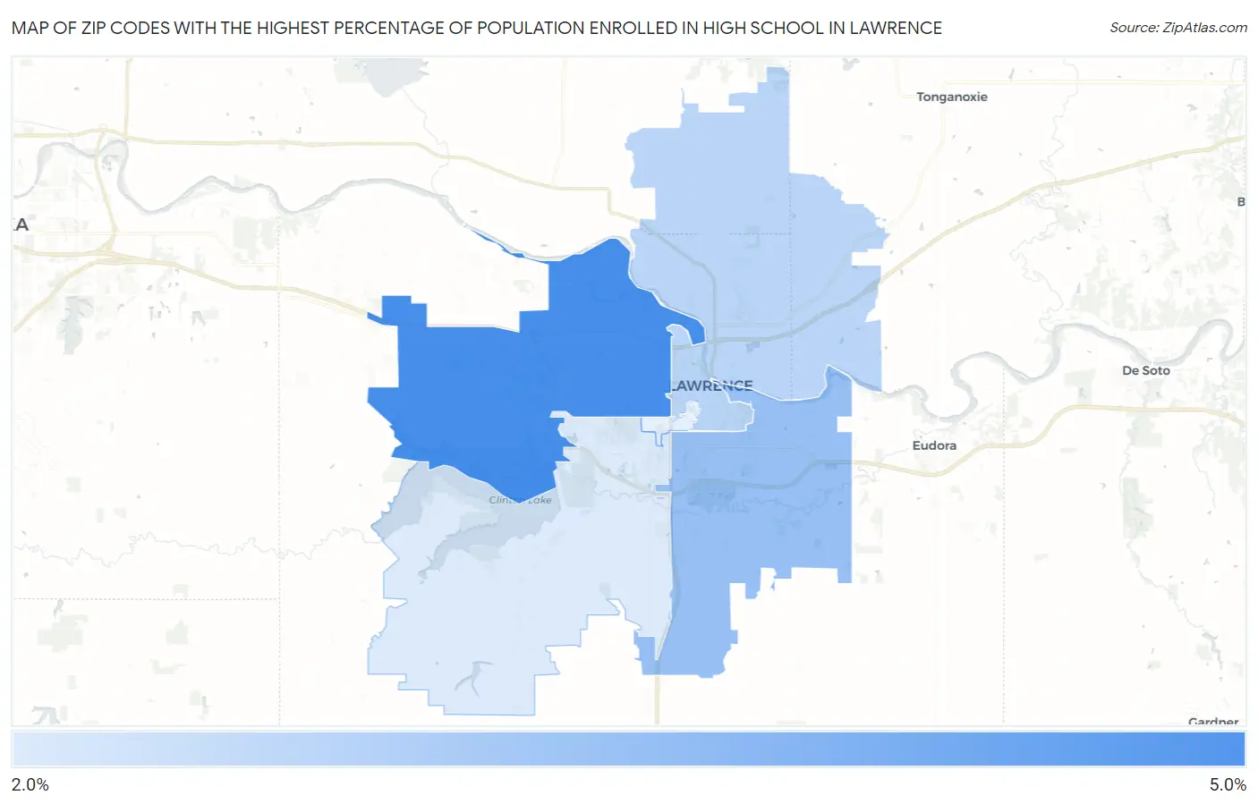 Zip Codes with the Highest Percentage of Population Enrolled in High School in Lawrence Map