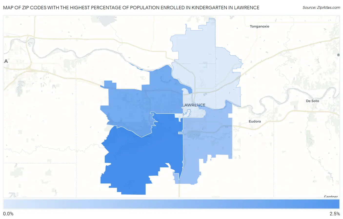Zip Codes with the Highest Percentage of Population Enrolled in Kindergarten in Lawrence Map