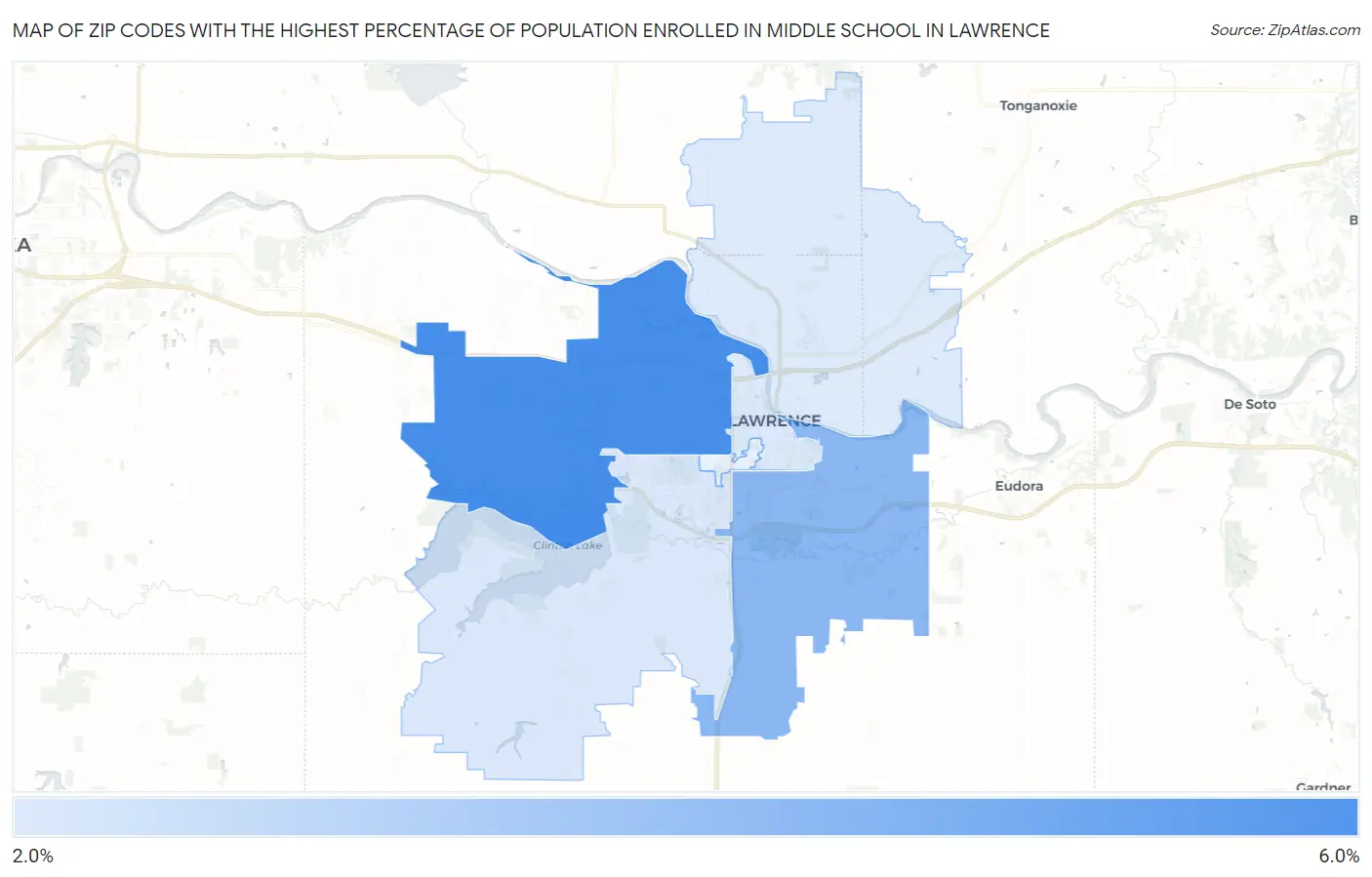 Zip Codes with the Highest Percentage of Population Enrolled in Middle School in Lawrence Map