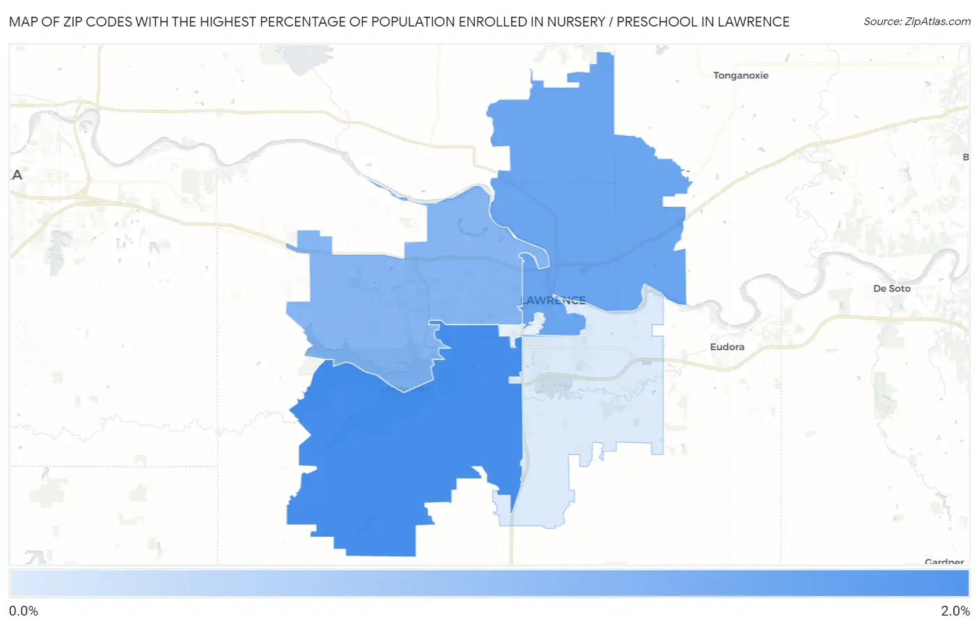 Zip Codes with the Highest Percentage of Population Enrolled in Nursery / Preschool in Lawrence Map