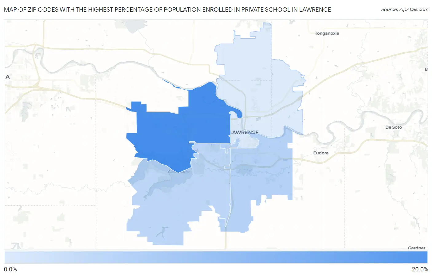 Zip Codes with the Highest Percentage of Population Enrolled in Private School in Lawrence Map