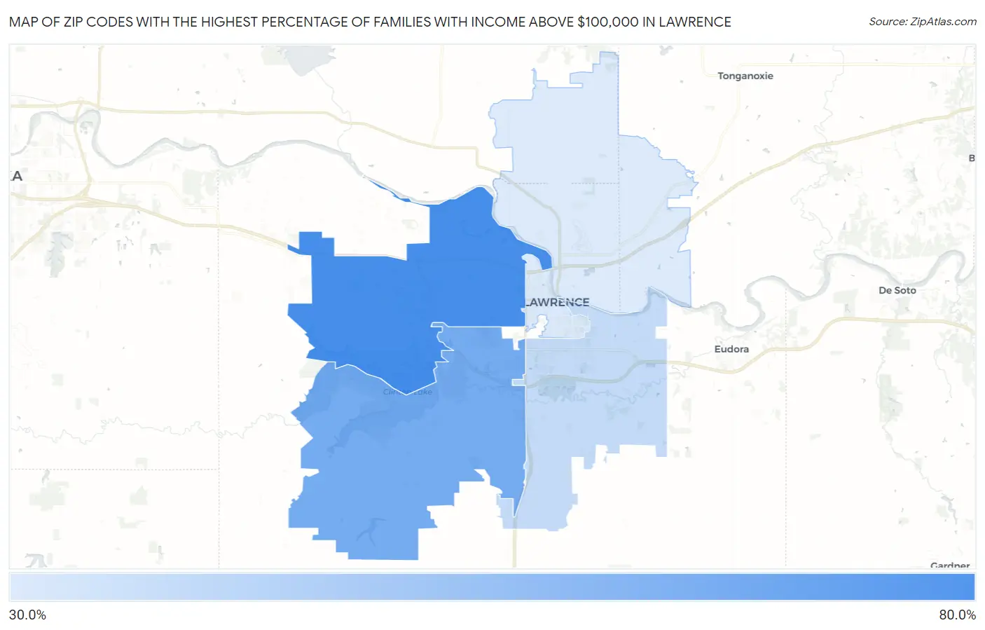 Zip Codes with the Highest Percentage of Families with Income Above $100,000 in Lawrence Map
