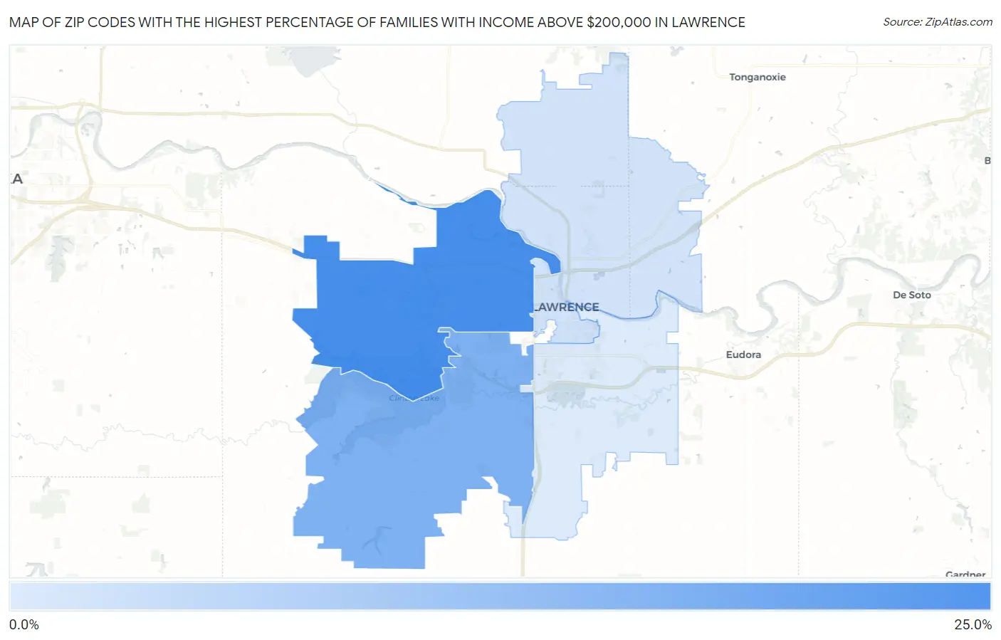 Zip Codes with the Highest Percentage of Families with Income Above $200,000 in Lawrence Map