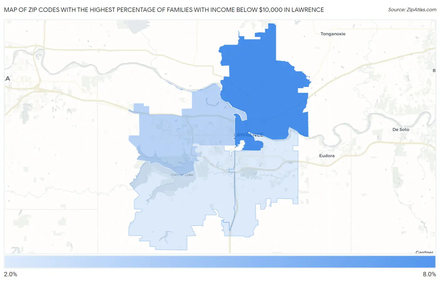 Zip Codes with the Highest Percentage of Families with Income Below $10,000 in Lawrence Map
