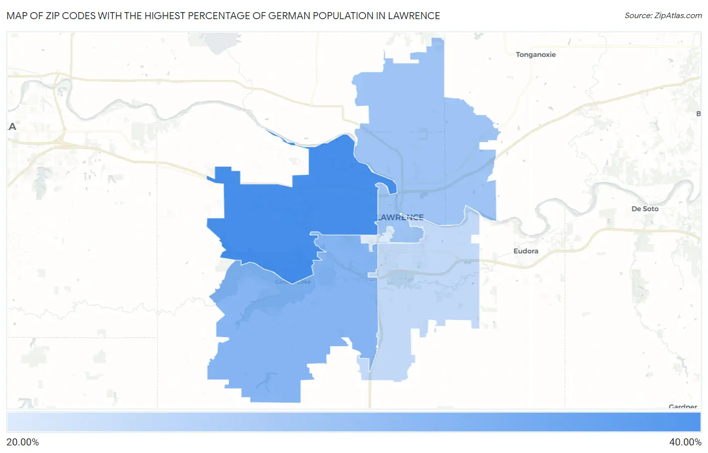 Zip Codes with the Highest Percentage of German Population in Lawrence Map