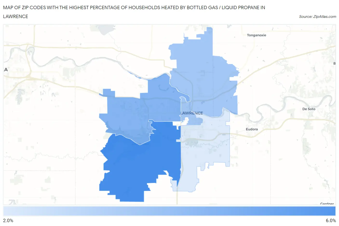 Zip Codes with the Highest Percentage of Households Heated by Bottled Gas / Liquid Propane in Lawrence Map
