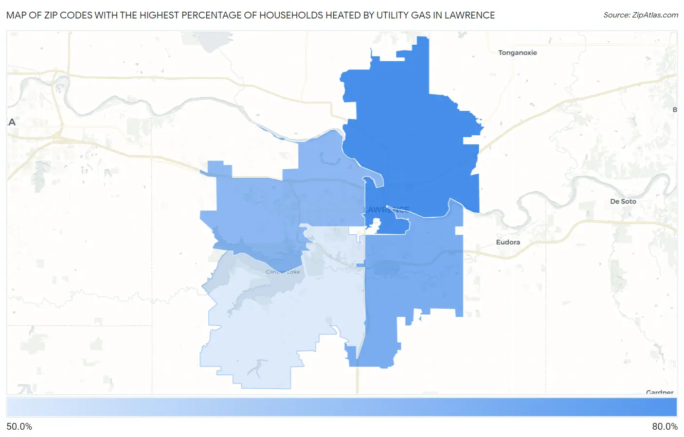 Zip Codes with the Highest Percentage of Households Heated by Utility Gas in Lawrence Map