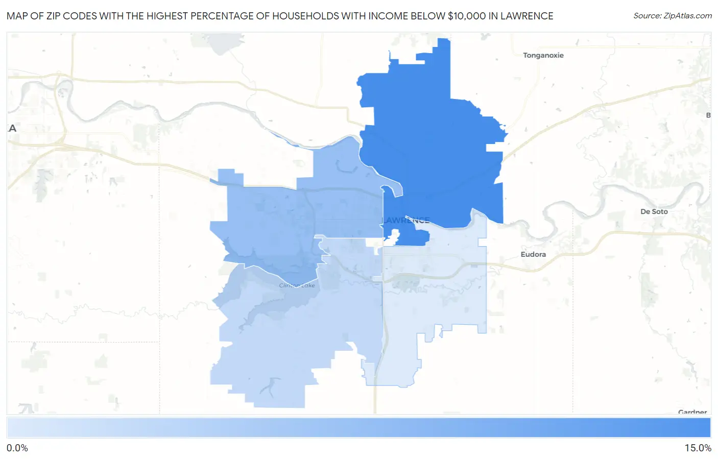 Zip Codes with the Highest Percentage of Households with Income Below $10,000 in Lawrence Map
