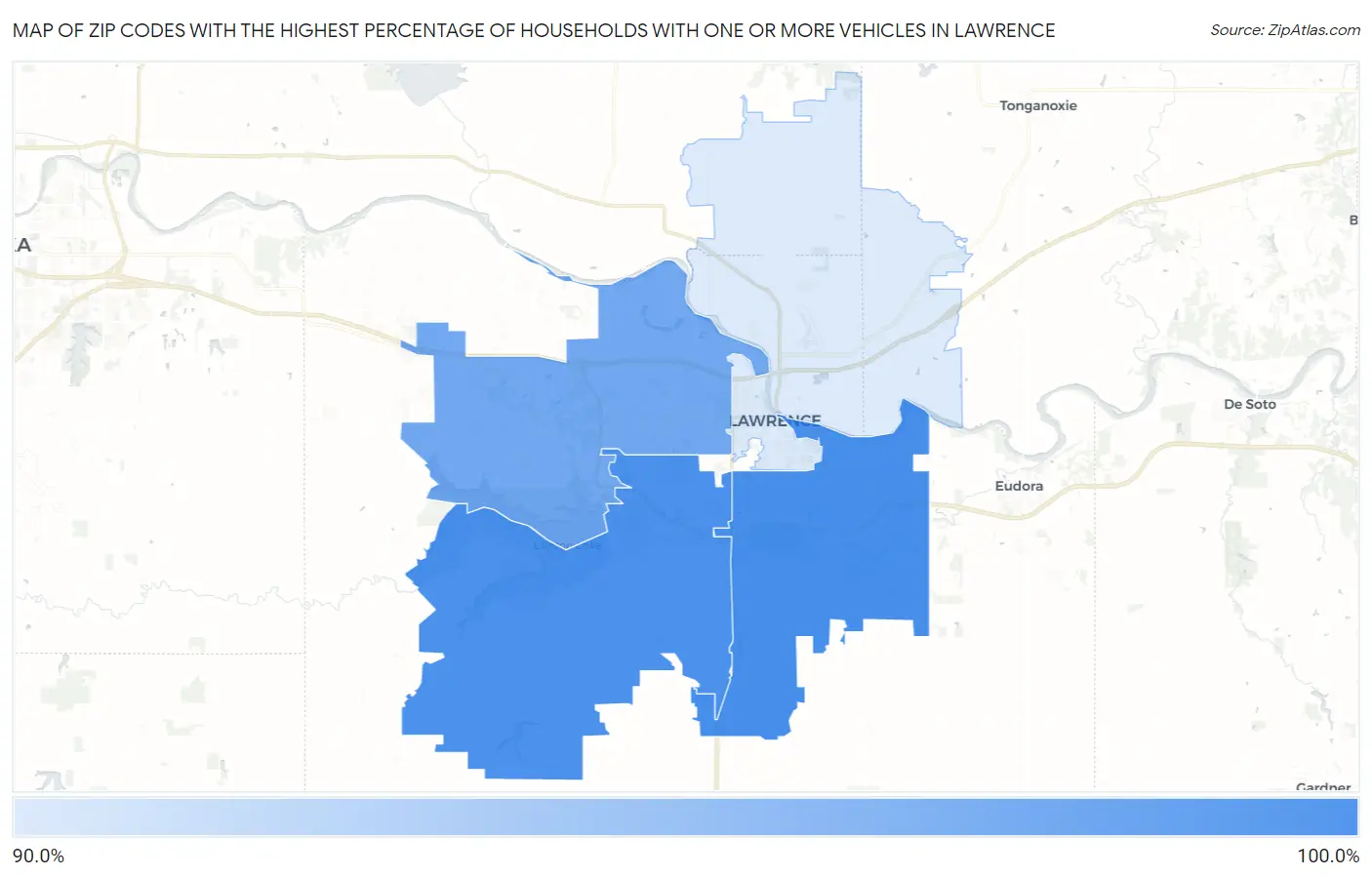 Zip Codes with the Highest Percentage of Households With One or more Vehicles in Lawrence Map