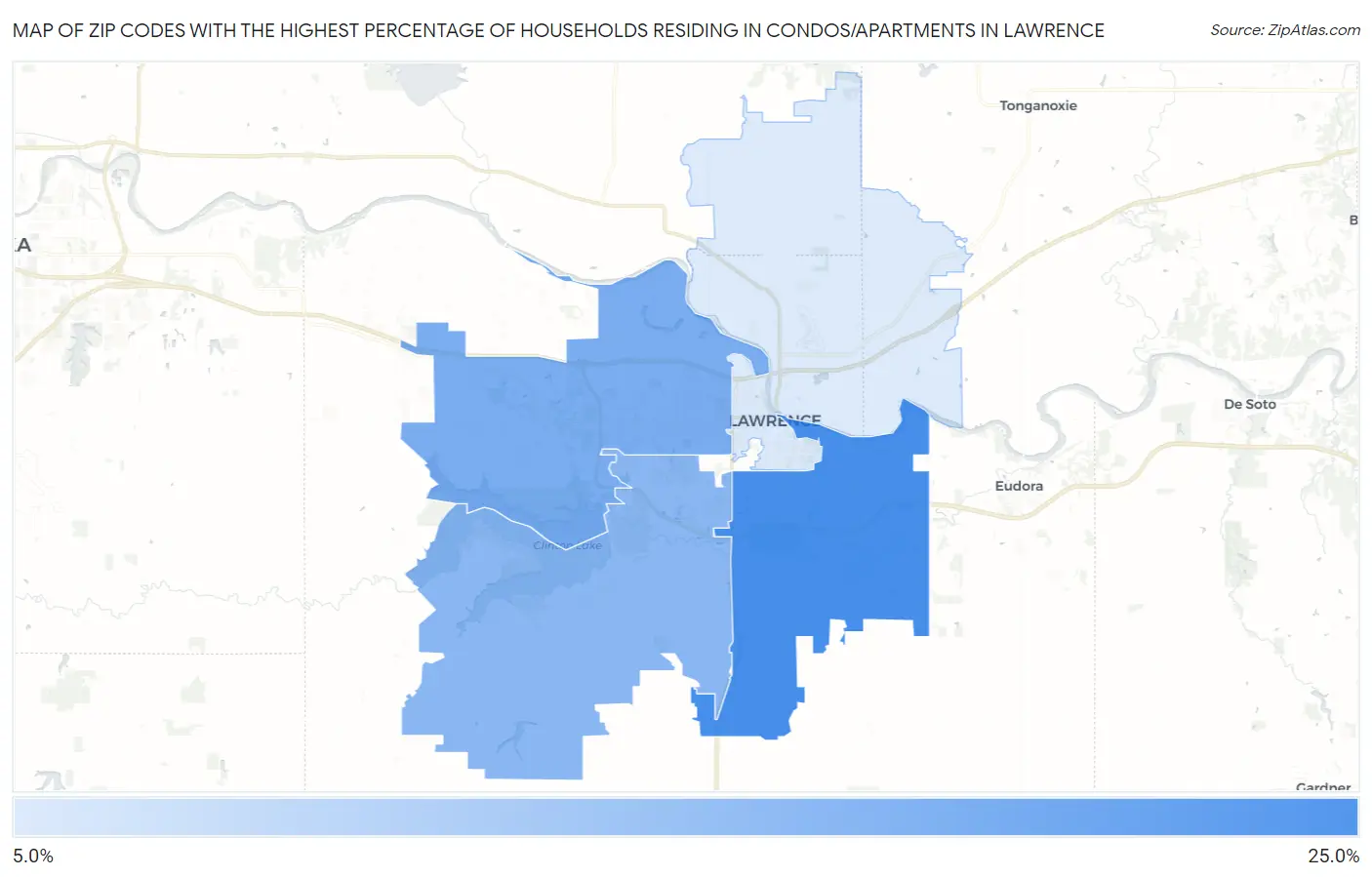 Zip Codes with the Highest Percentage of Households Residing in Condos/Apartments in Lawrence Map