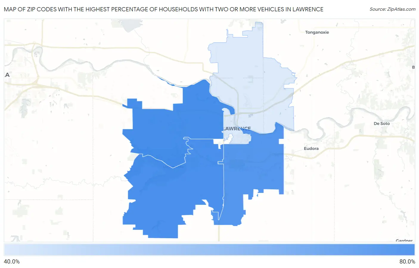 Zip Codes with the Highest Percentage of Households With Two or more Vehicles in Lawrence Map