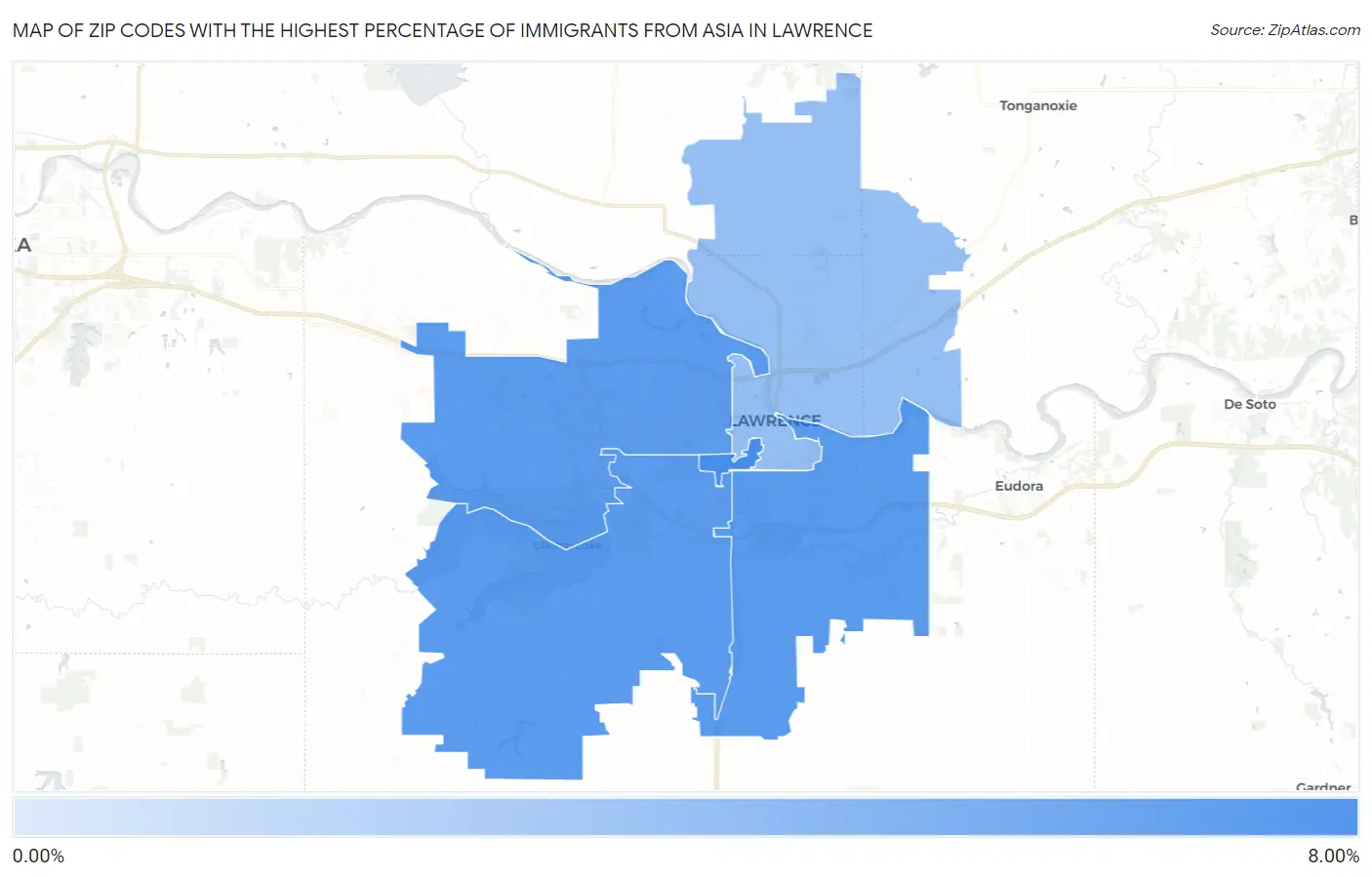 Zip Codes with the Highest Percentage of Immigrants from Asia in Lawrence Map