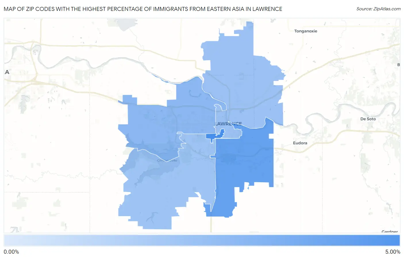 Zip Codes with the Highest Percentage of Immigrants from Eastern Asia in Lawrence Map