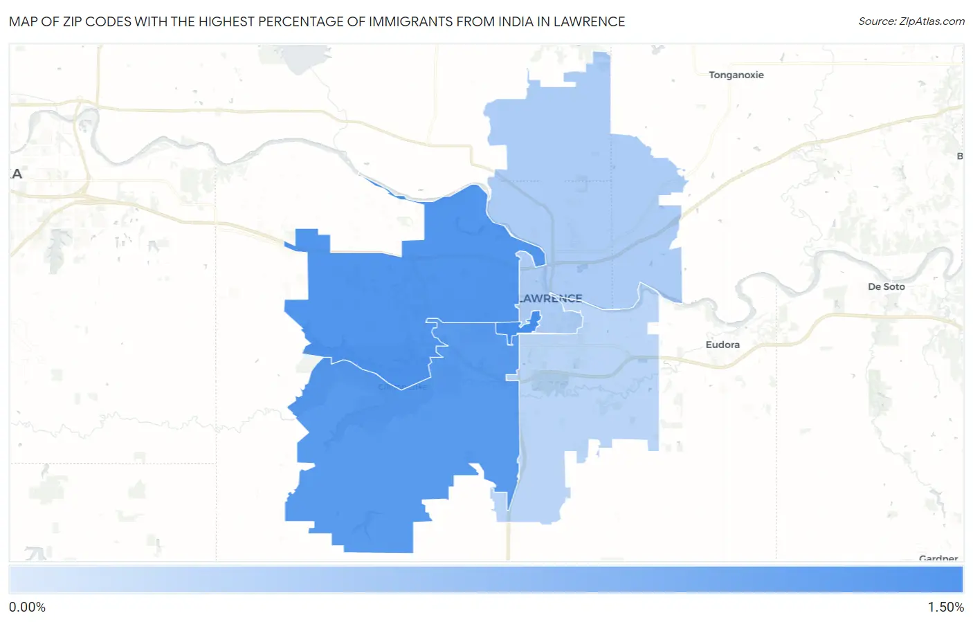 Zip Codes with the Highest Percentage of Immigrants from India in Lawrence Map