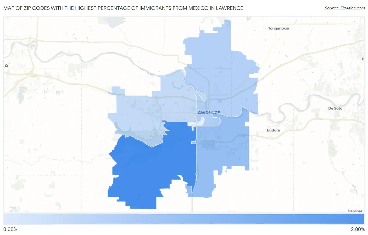 Zip Codes with the Highest Percentage of Immigrants from Mexico in Lawrence Map