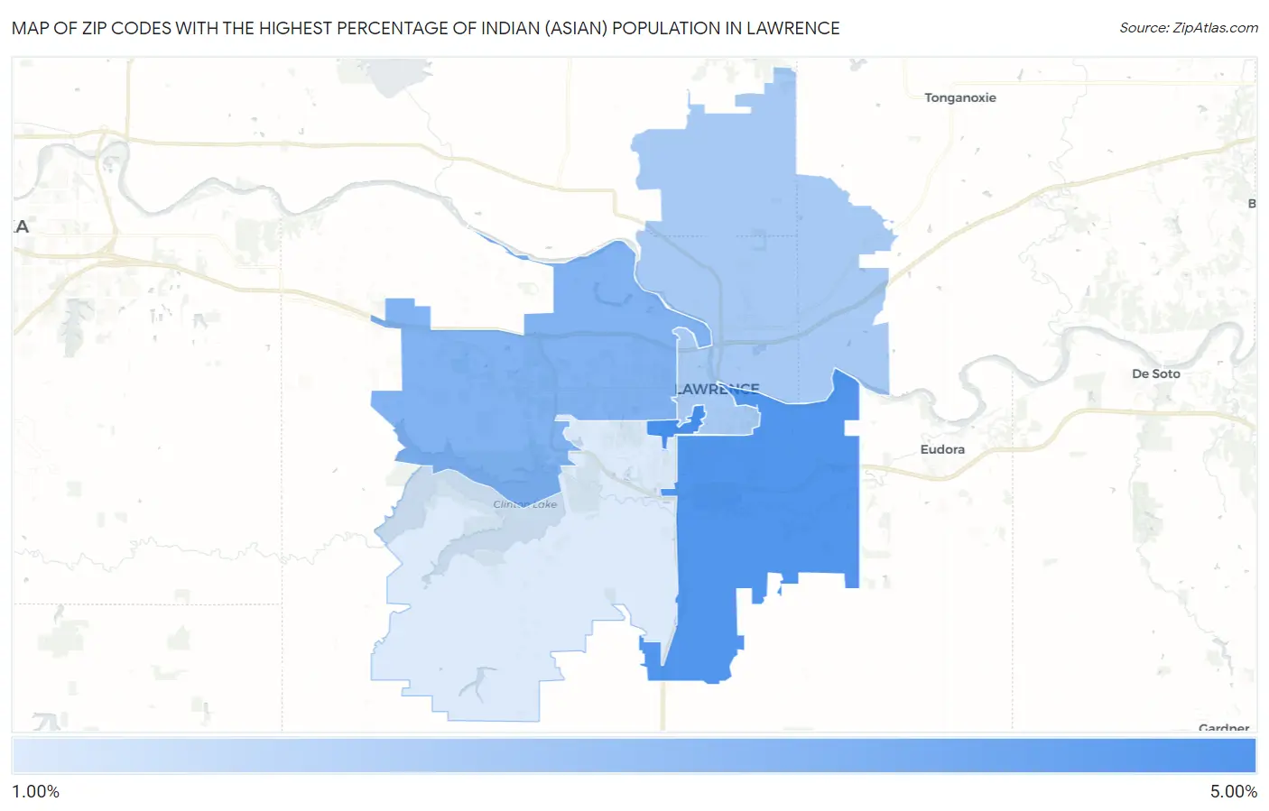 Zip Codes with the Highest Percentage of Indian (Asian) Population in Lawrence Map