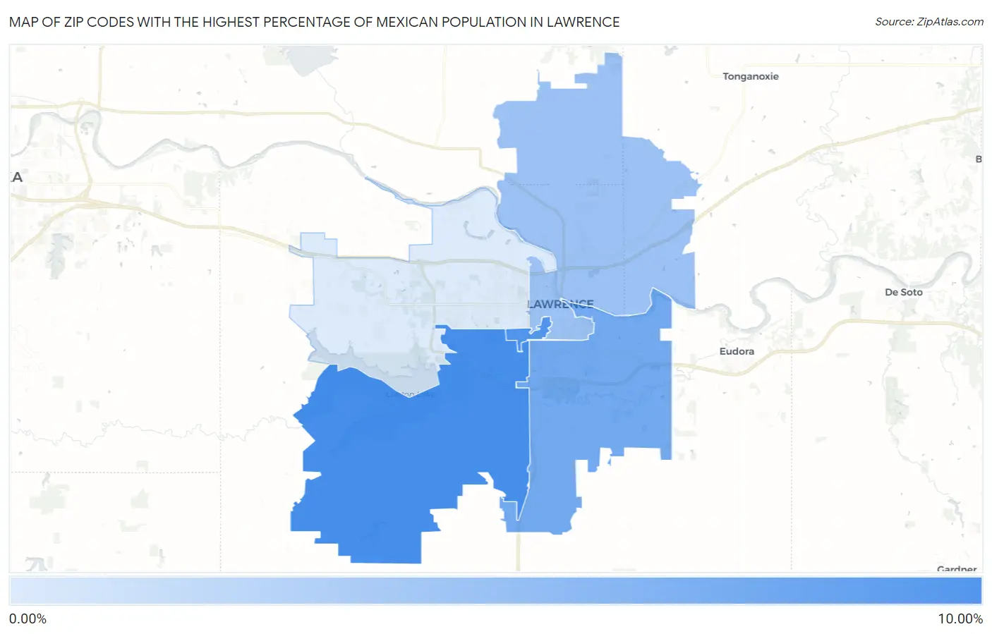 Zip Codes with the Highest Percentage of Mexican Population in Lawrence Map