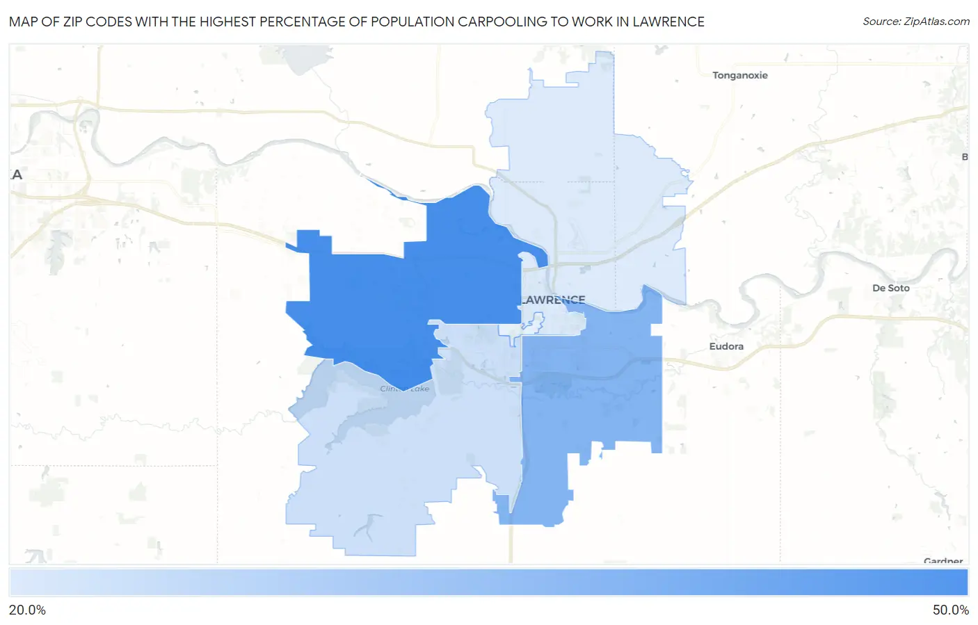 Zip Codes with the Highest Percentage of Population Carpooling to Work in Lawrence Map