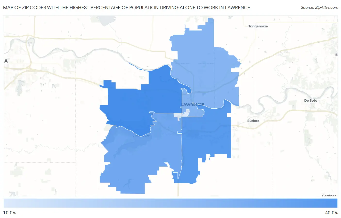Zip Codes with the Highest Percentage of Population Driving Alone to Work in Lawrence Map
