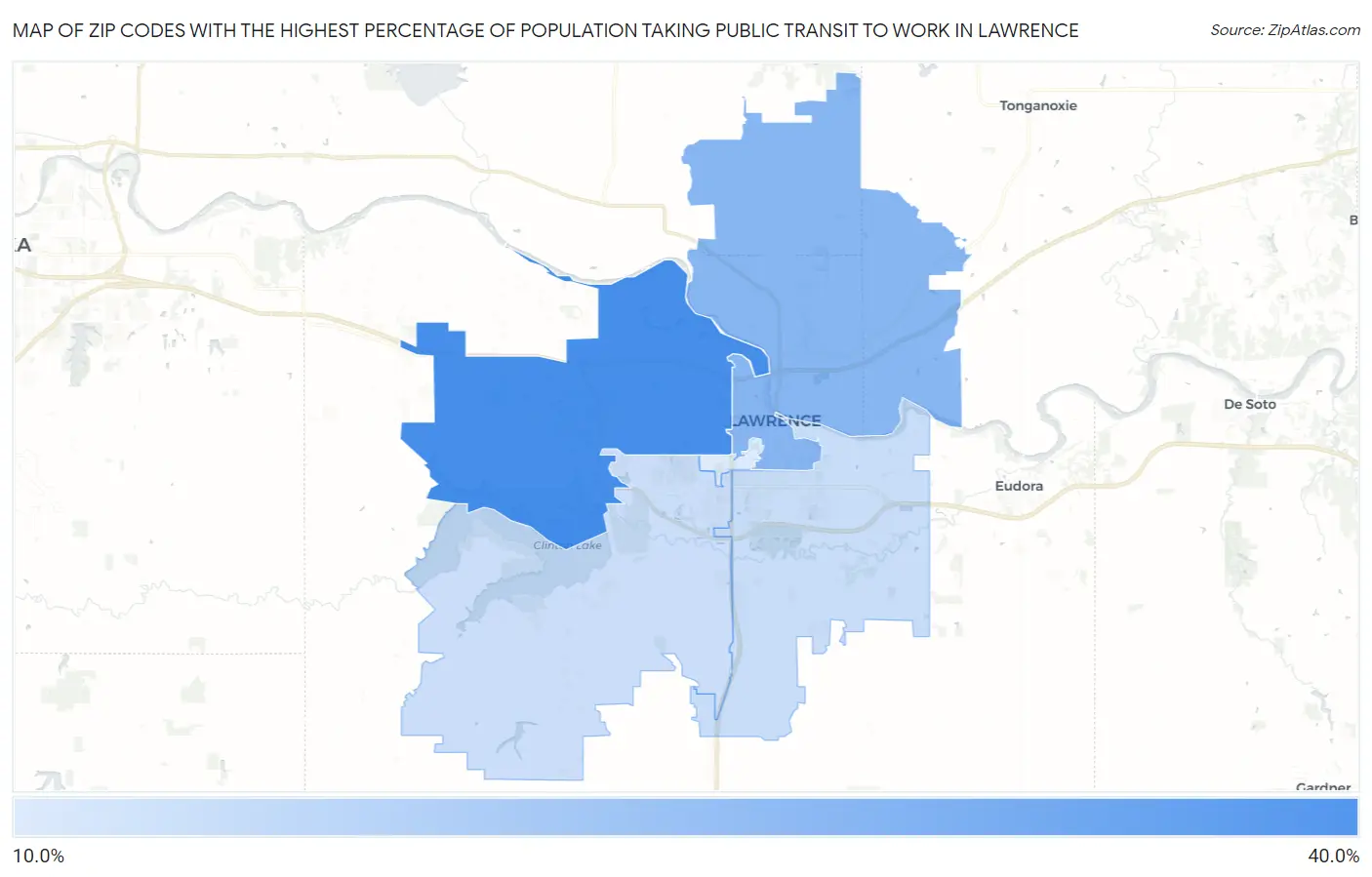 Zip Codes with the Highest Percentage of Population Taking Public Transit to Work in Lawrence Map