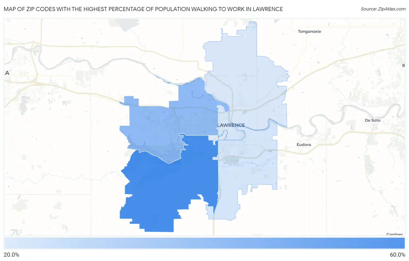 Zip Codes with the Highest Percentage of Population Walking to Work in Lawrence Map