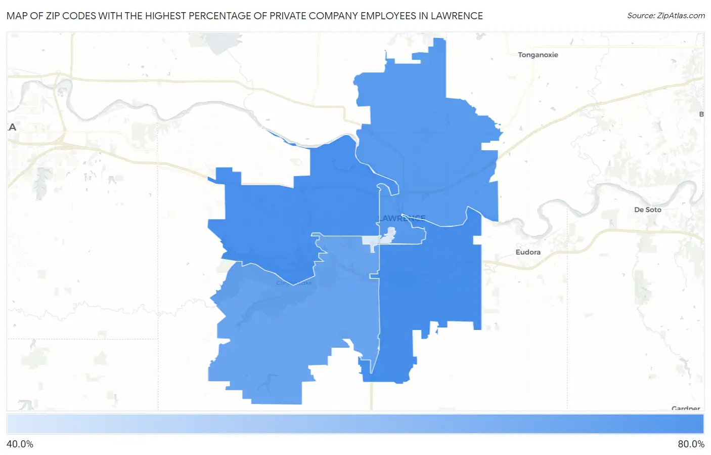 Zip Codes with the Highest Percentage of Private Company Employees in Lawrence Map