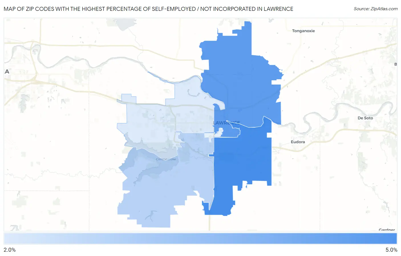 Zip Codes with the Highest Percentage of Self-Employed / Not Incorporated in Lawrence Map