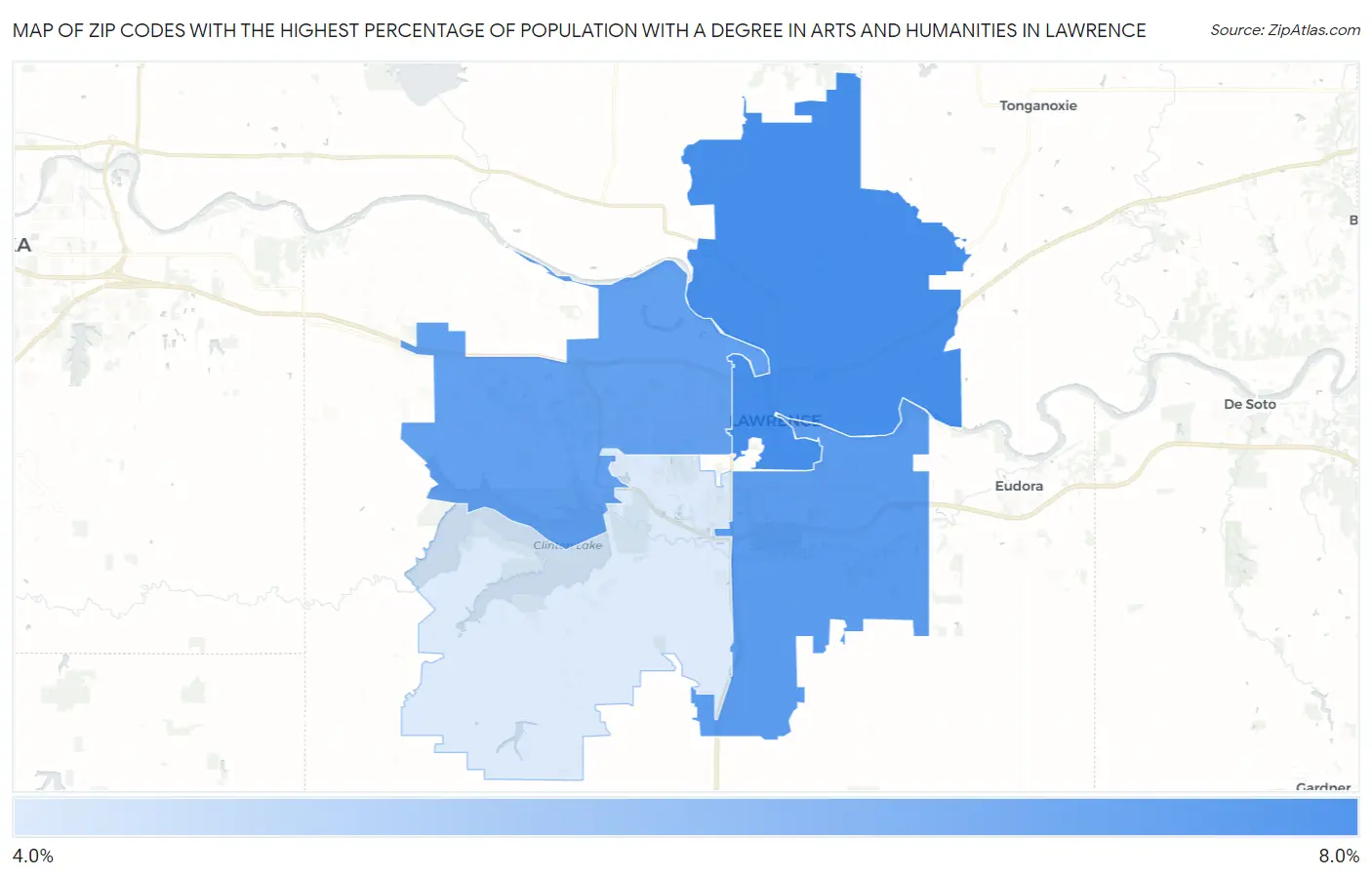 Zip Codes with the Highest Percentage of Population with a Degree in Arts and Humanities in Lawrence Map