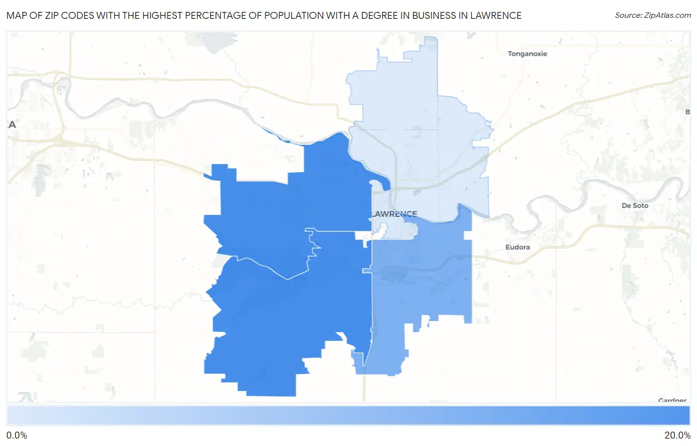 Zip Codes with the Highest Percentage of Population with a Degree in Business in Lawrence Map