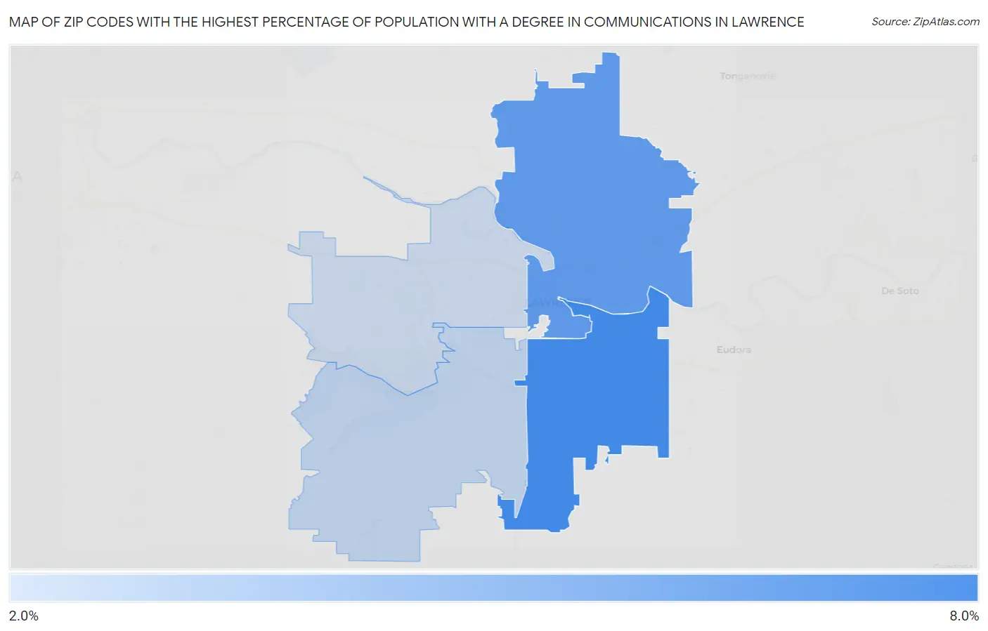 Zip Codes with the Highest Percentage of Population with a Degree in Communications in Lawrence Map
