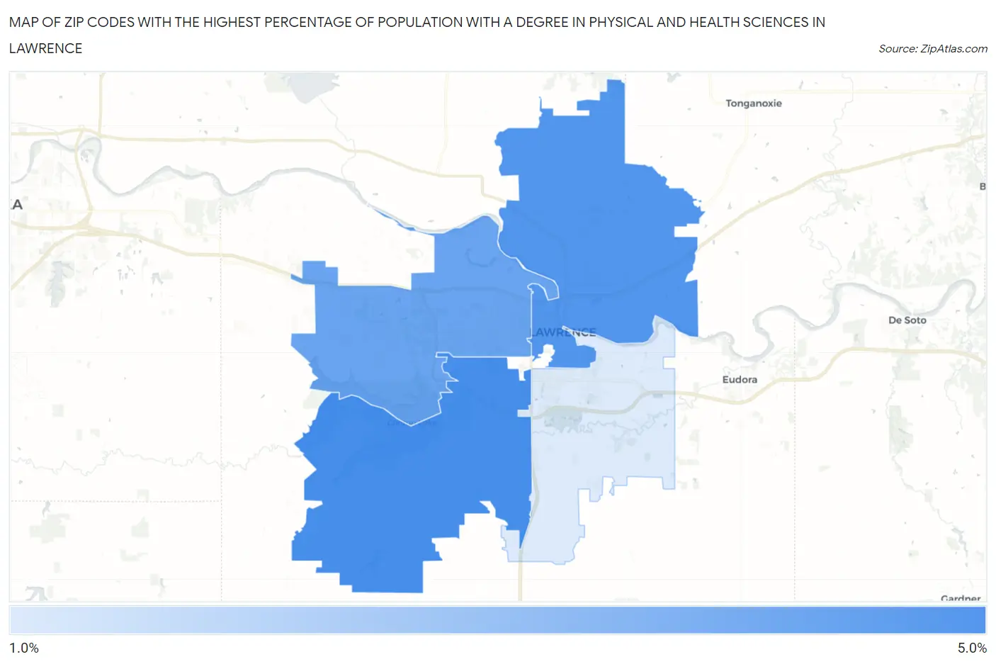 Zip Codes with the Highest Percentage of Population with a Degree in Physical and Health Sciences in Lawrence Map