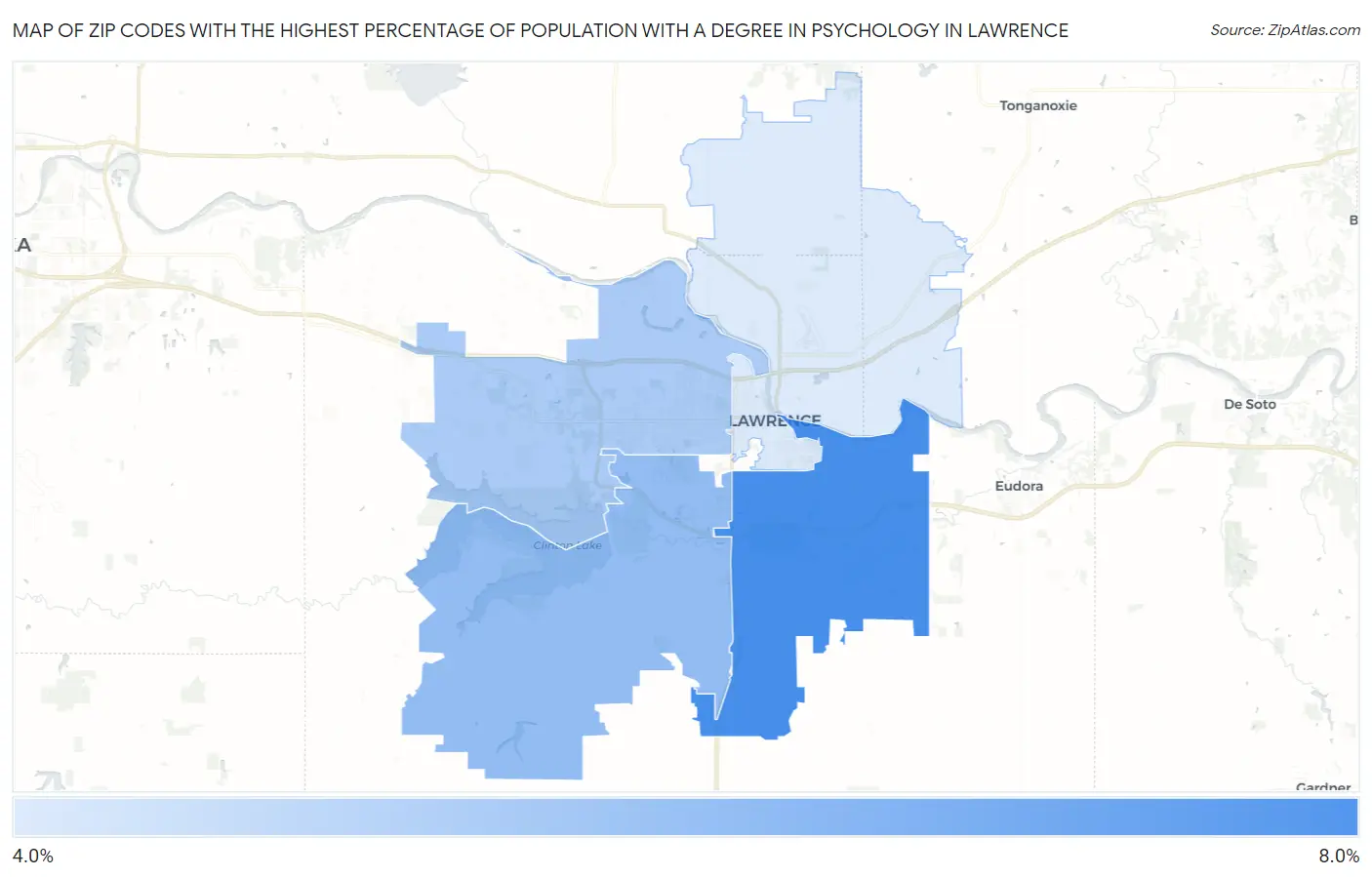 Zip Codes with the Highest Percentage of Population with a Degree in Psychology in Lawrence Map