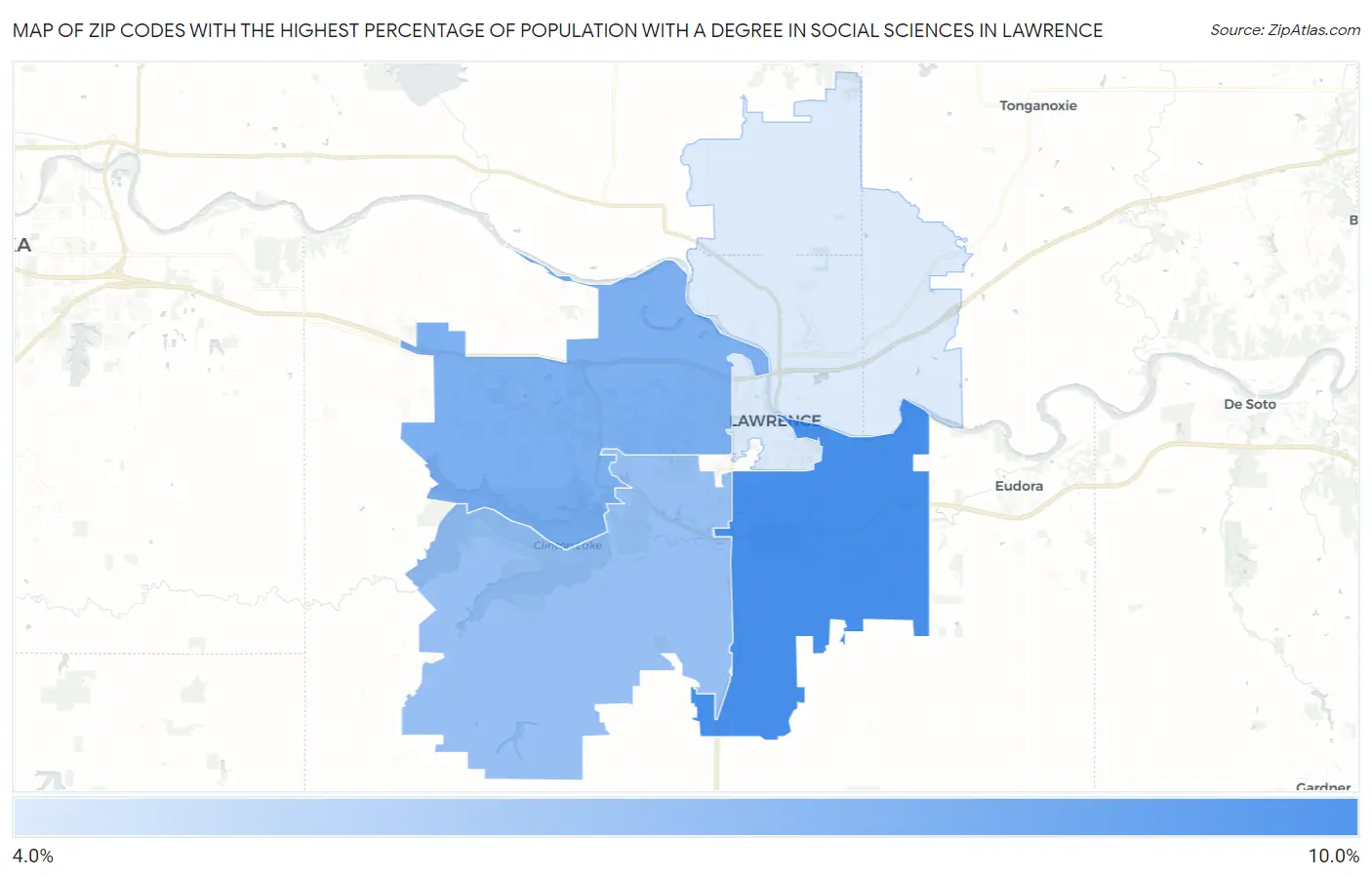 Zip Codes with the Highest Percentage of Population with a Degree in Social Sciences in Lawrence Map