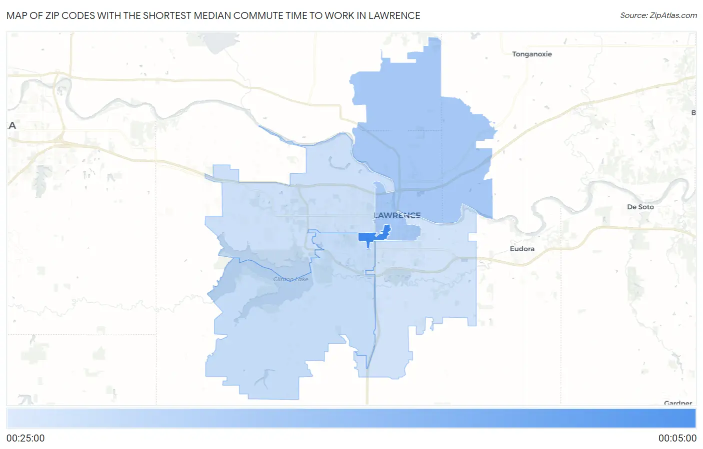 Zip Codes with the Shortest Median Commute Time to Work in Lawrence Map