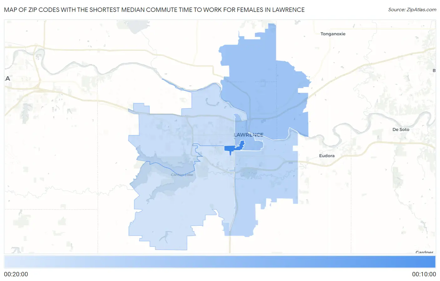 Zip Codes with the Shortest Median Commute Time to Work for Females in Lawrence Map