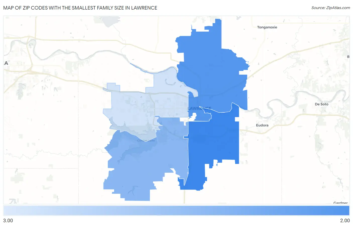 Zip Codes with the Smallest Family Size in Lawrence Map