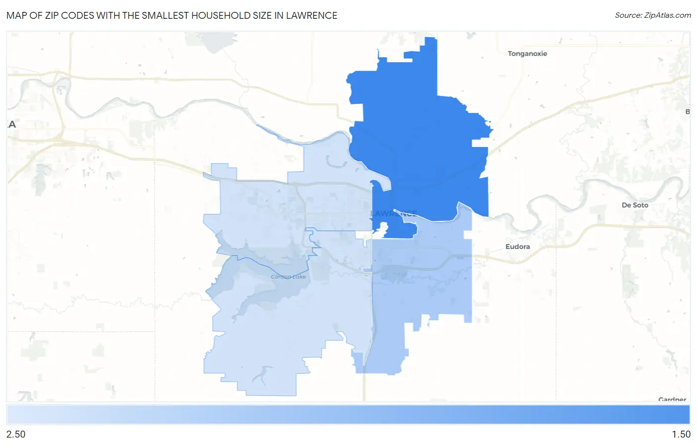 Zip Codes with the Smallest Household Size in Lawrence Map