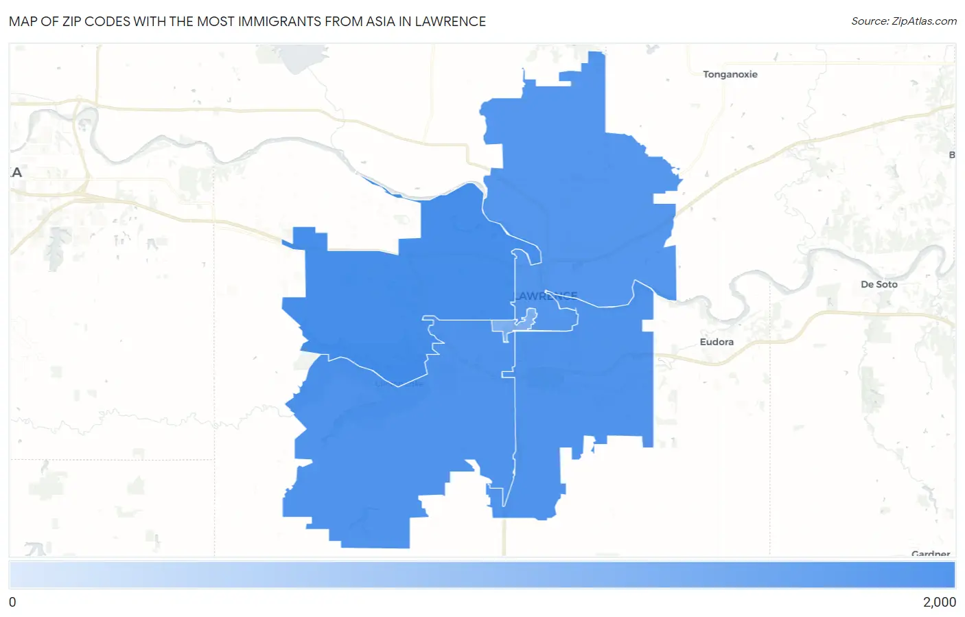 Zip Codes with the Most Immigrants from Asia in Lawrence Map