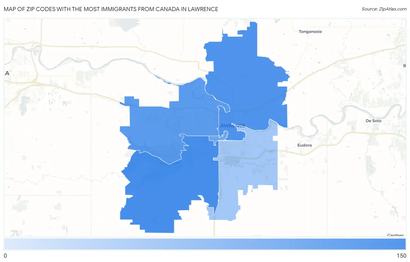 Zip Codes with the Most Immigrants from Canada in Lawrence Map