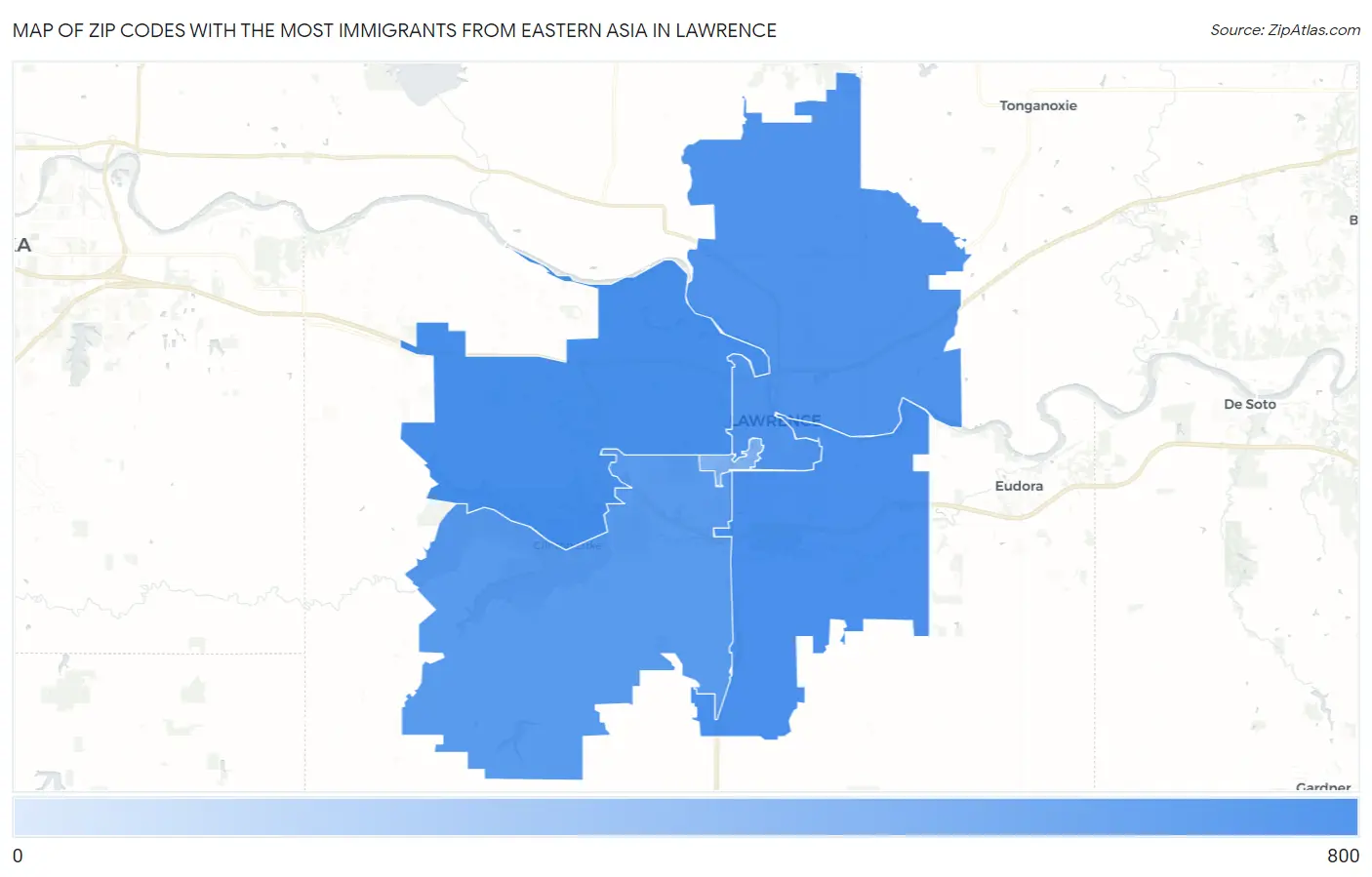 Zip Codes with the Most Immigrants from Eastern Asia in Lawrence Map