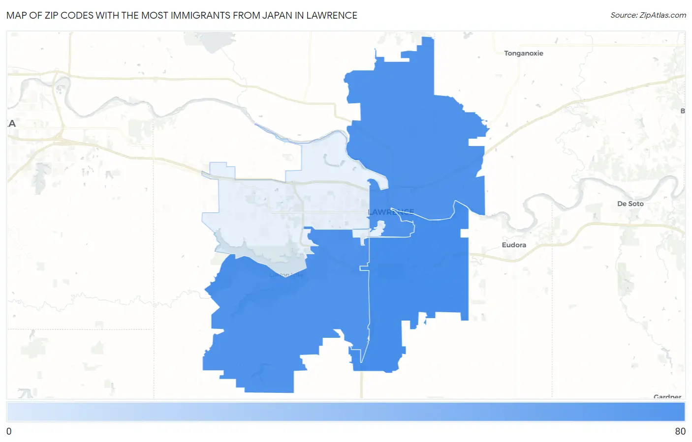 Zip Codes with the Most Immigrants from Japan in Lawrence Map