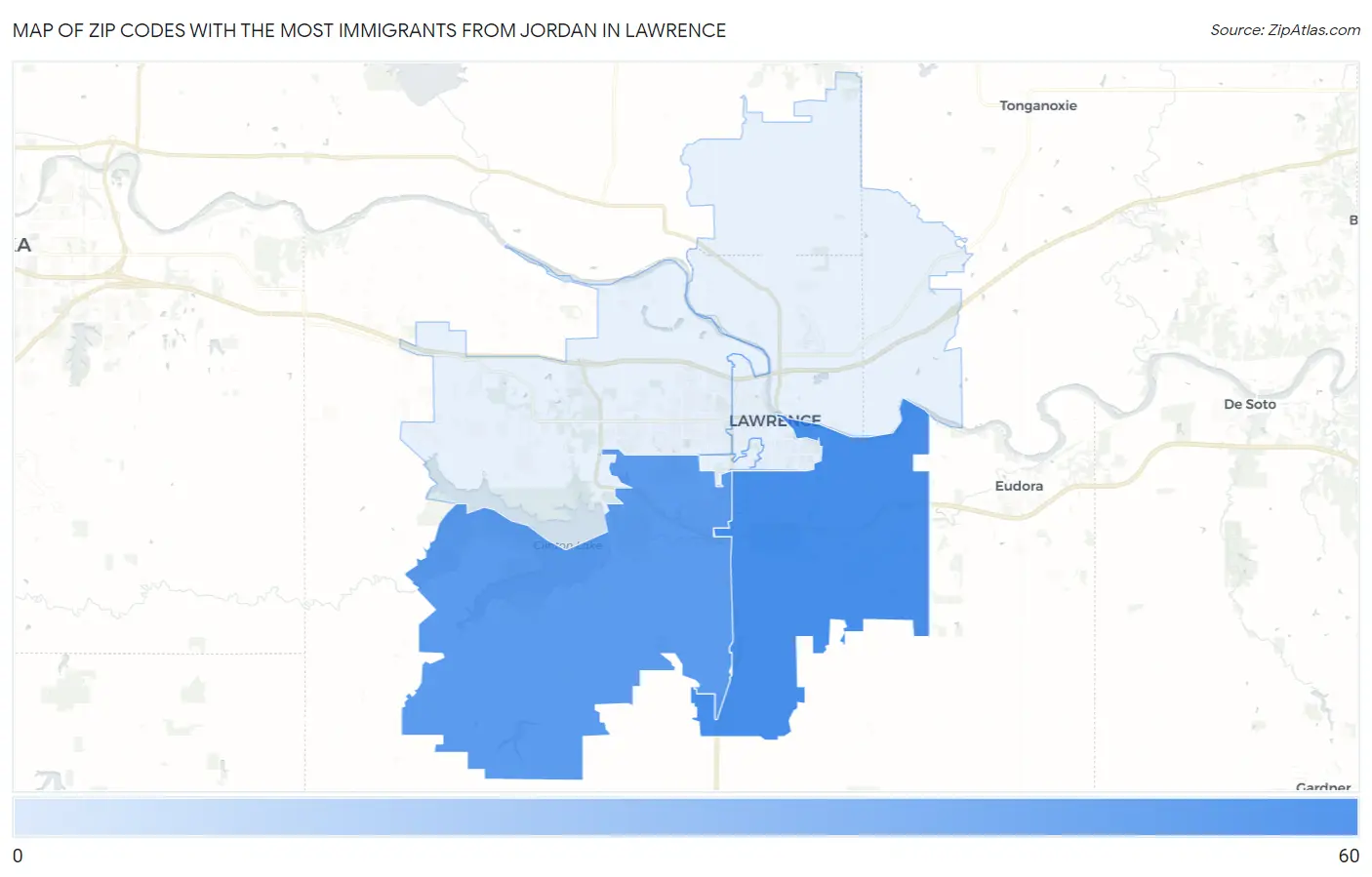 Zip Codes with the Most Immigrants from Jordan in Lawrence Map